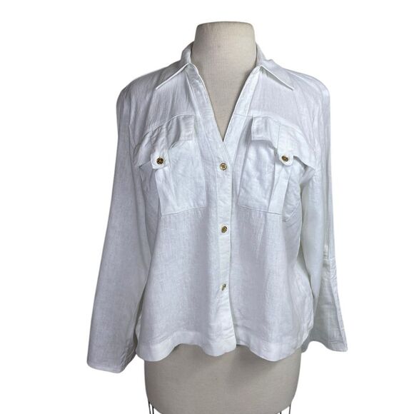 Women's White Michael Kors Button-Up Top blouse w/roll up sleeves - Picture 1 of 9